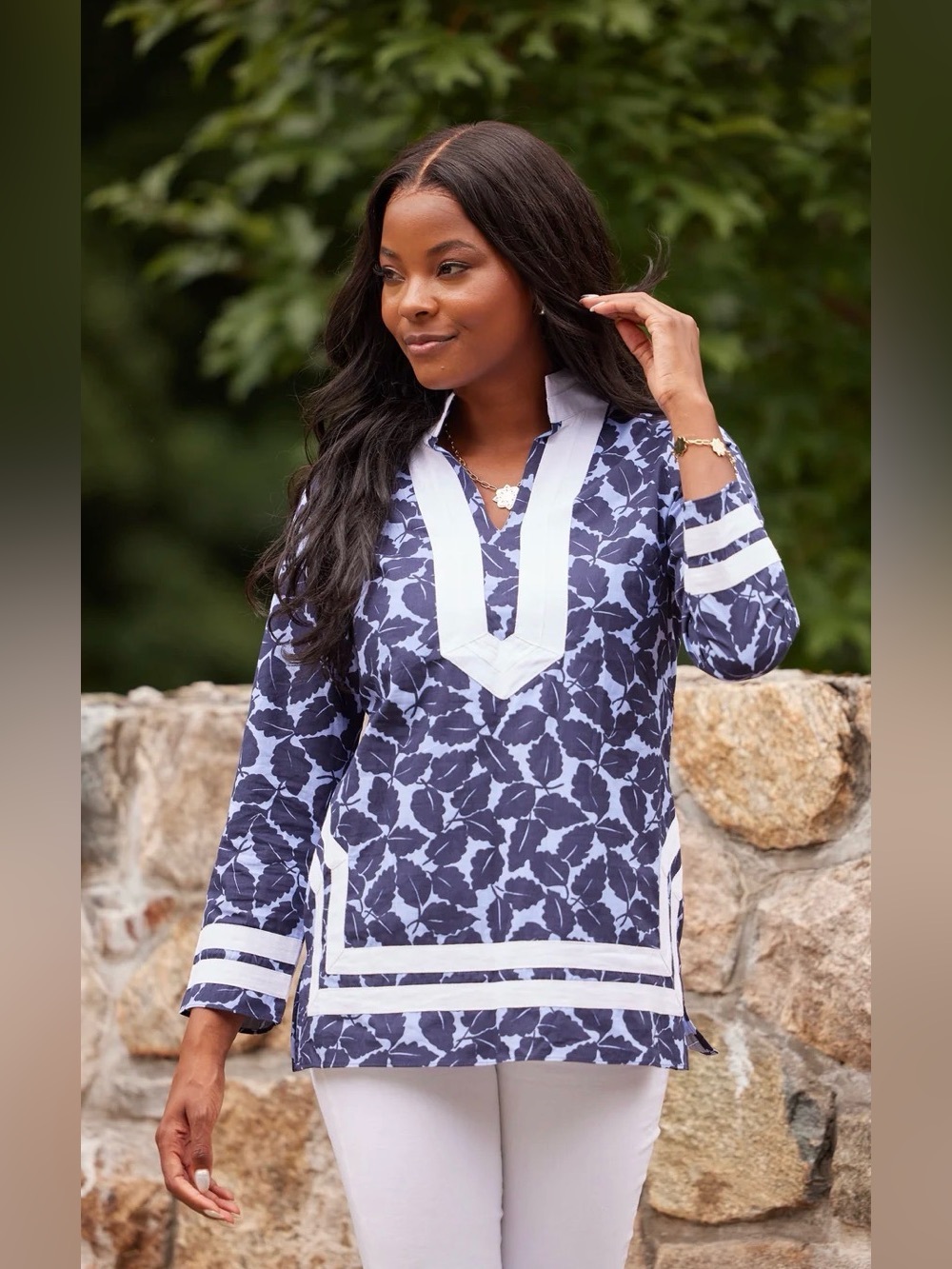 AUTUMN LEAF PRINT LONG SLEEVE CLASSIC TUNIC TOP